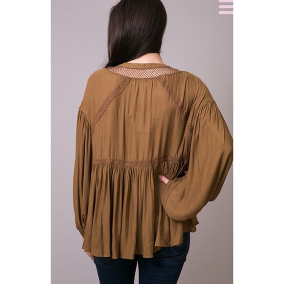 Free People Bell Sleeve Blouse Flowy Peasant Burgundy Brown boho top Size Small - Picture 4 of 14